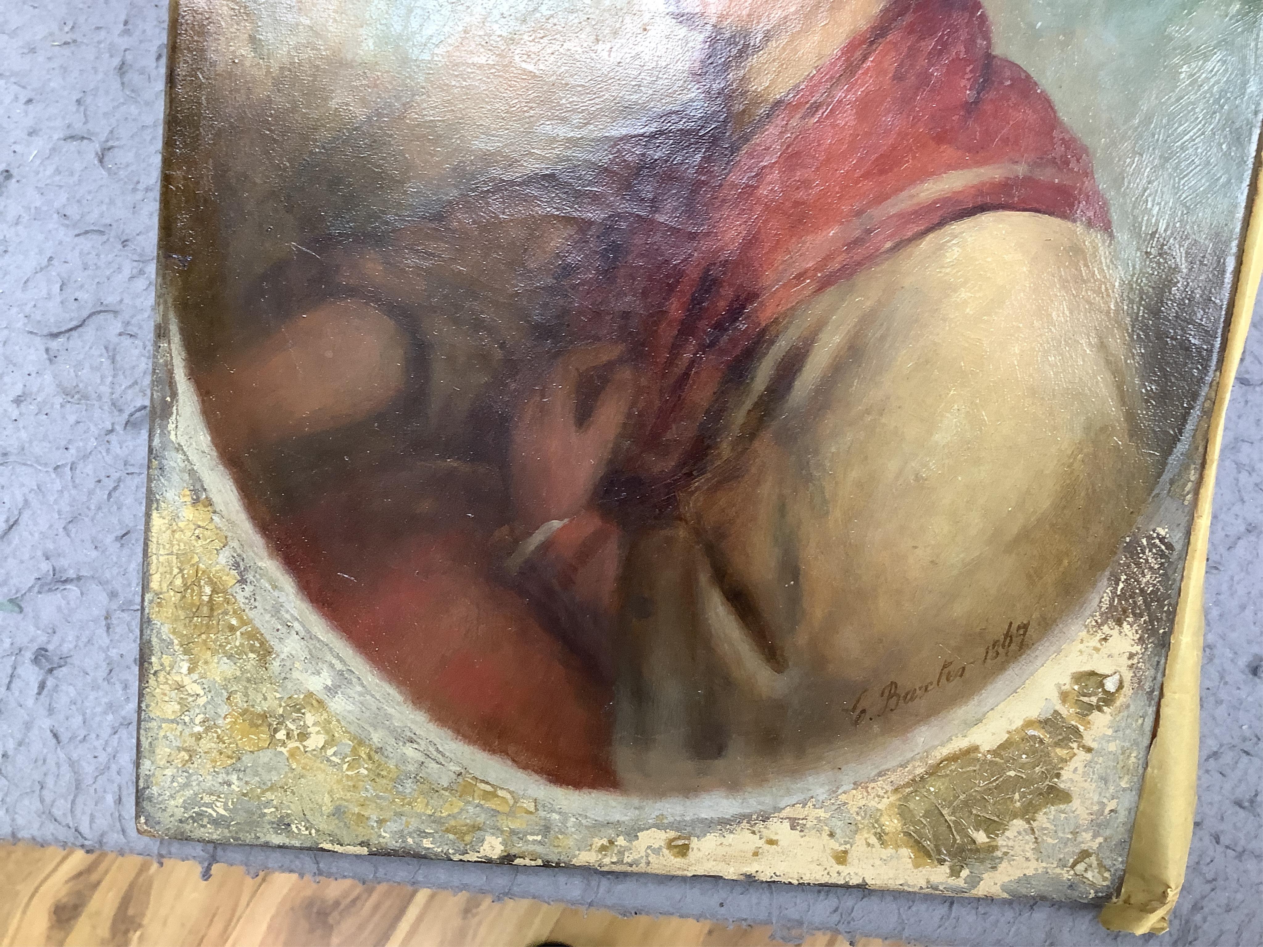 G. Baxter, feigned oval oil on canvas, Portrait of a young woman, signed and dated 1869, 36 x 25cm. Condition - poor to fair